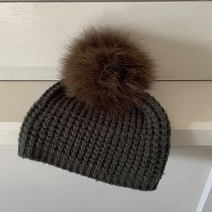 Monelle Cashmere Blend Dark Green Knit Hat with Rabbit Fur Pom